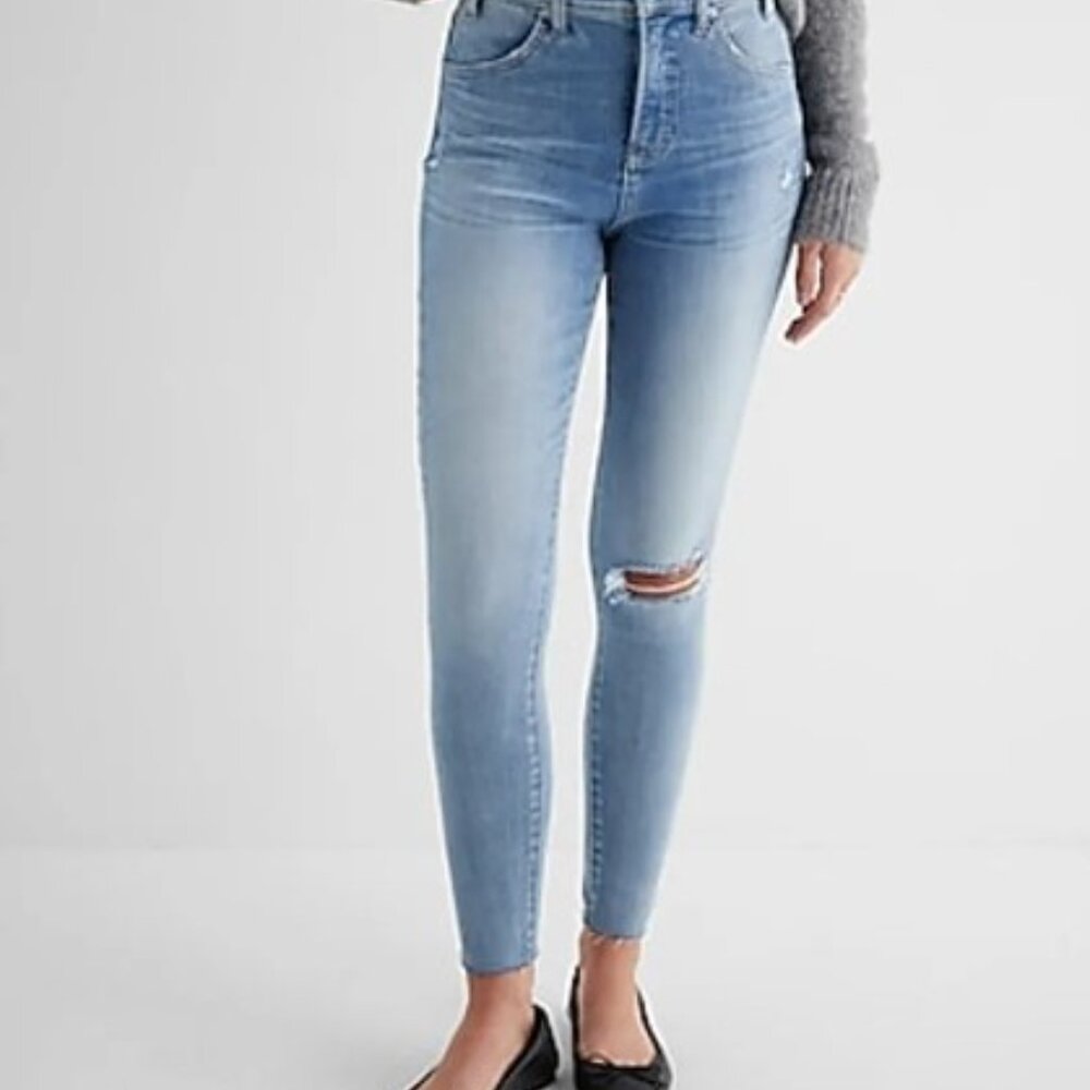 High Waisted Medium Wash Ripped Raw Hem Skinny Jeans 8L